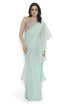 Aqua Georgette 3D Flower Embroidered Choli And Georgette Pre-Stitched Saree With Organza Frill